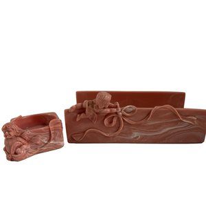Vintage Hard Resin Rose Pink Cherub Angel Bathroom Set Towel Holder Soap Holder